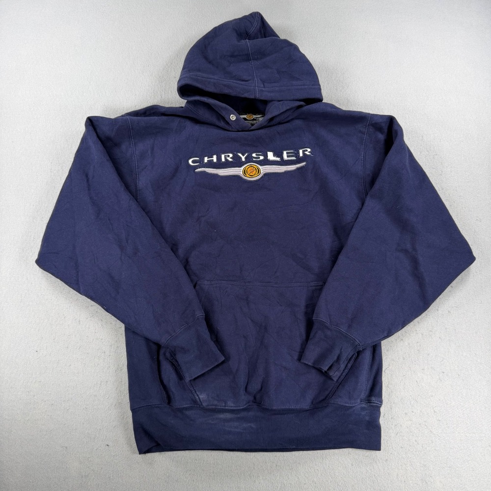 Vintage 2004 Chrysler Logo Hoodie Navy Blue Embroidered Pullover Small